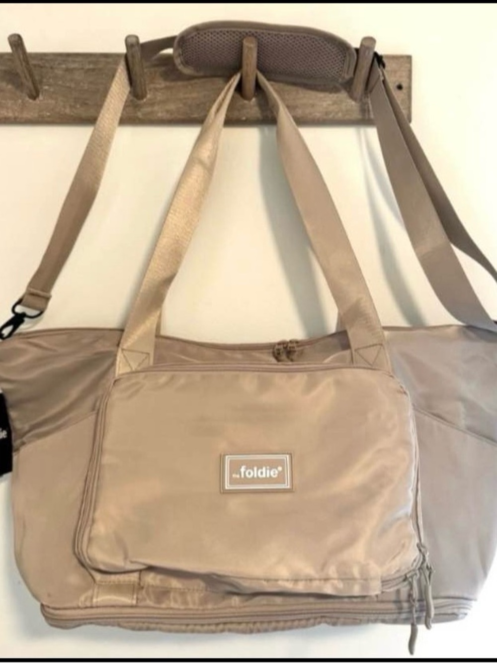 The Foldie Travel Bag Beige Tote 40L Packable Expandable